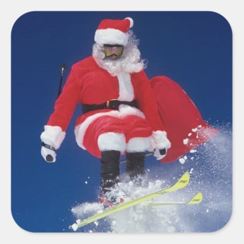 Santa Claus on skis jumping off a cornice at Square Sticker