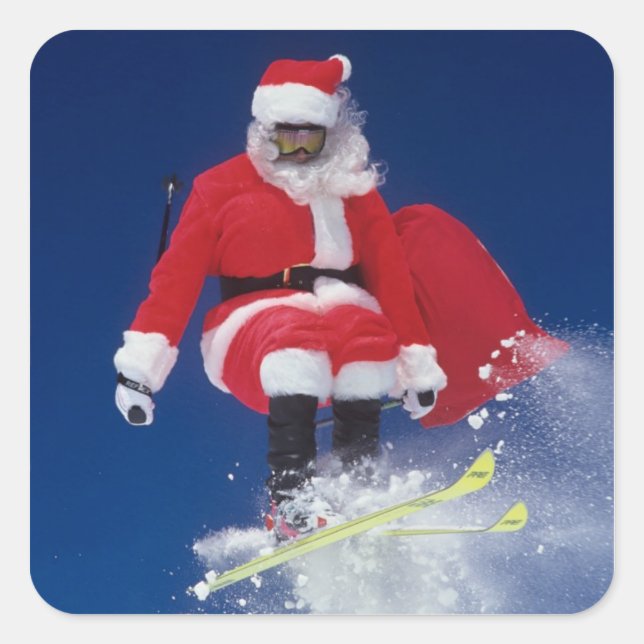 Santa Claus on skis jumping off a cornice at Square Sticker (Front)