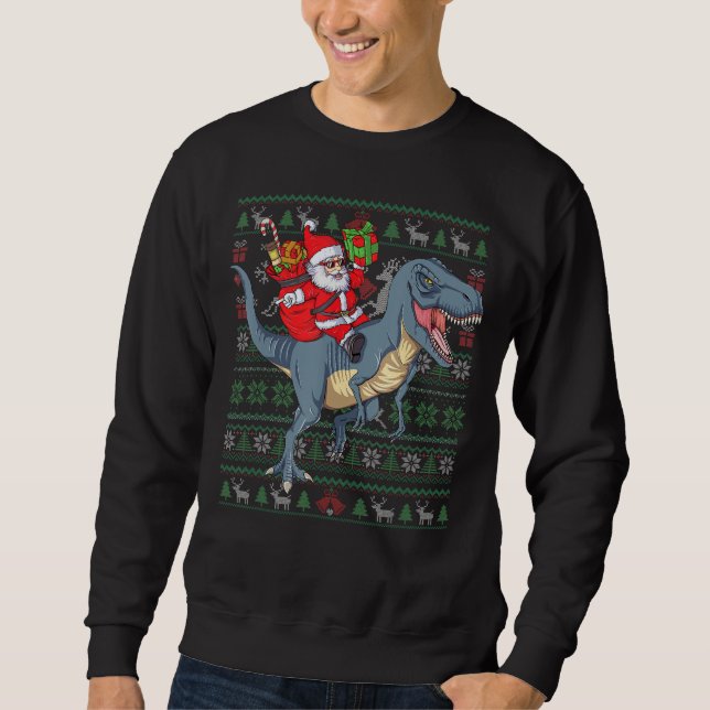 Santa Claus On T Rex Ugly Christmas Sweater Funny  (Front)