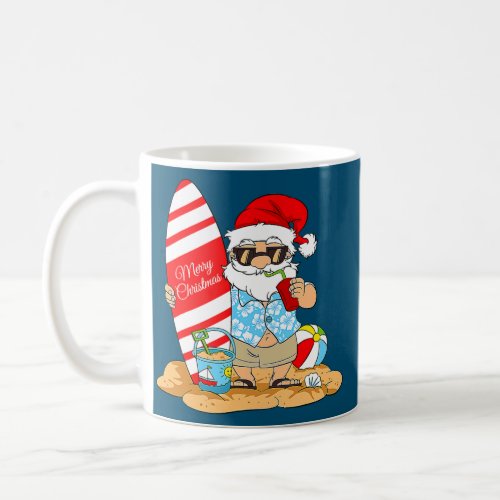 Santa Claus On The Beach With Surfboard Christmas Coffee Mug