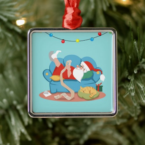 Santa Claus on the couch in pajamas Metal Ornament