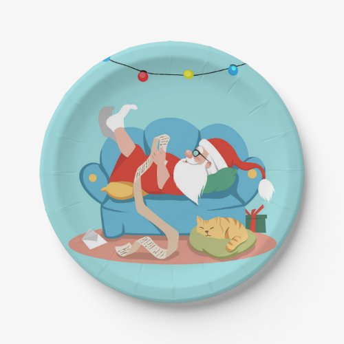 Santa Claus on the couch in pajamas Paper Plates