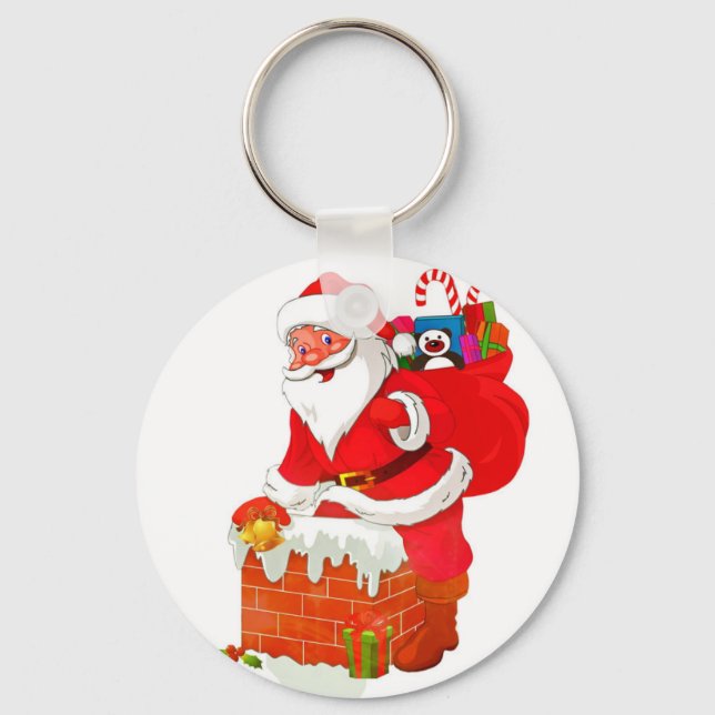 Santa Claus on the roof cartoon Keychain (Front)