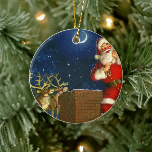Santa Claus on the roof Ceramic Ornament (Tree)
