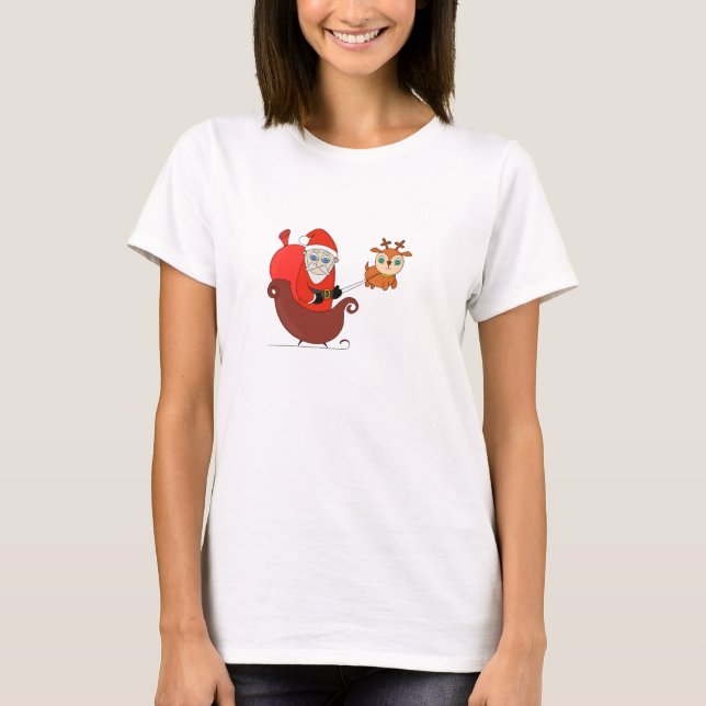 Santa Claus on the Sleigh with a Cute Reindeer T-Shirt (Front)