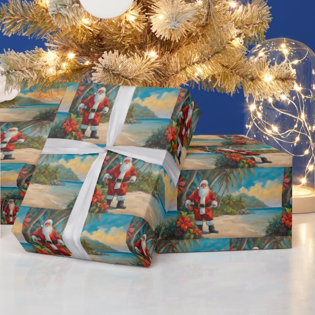Santa Claus on Tropical Beach  Wrapping Paper (Holidays)