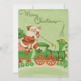 Santa Claus On Vintage Retro Christmas Train Holiday Card