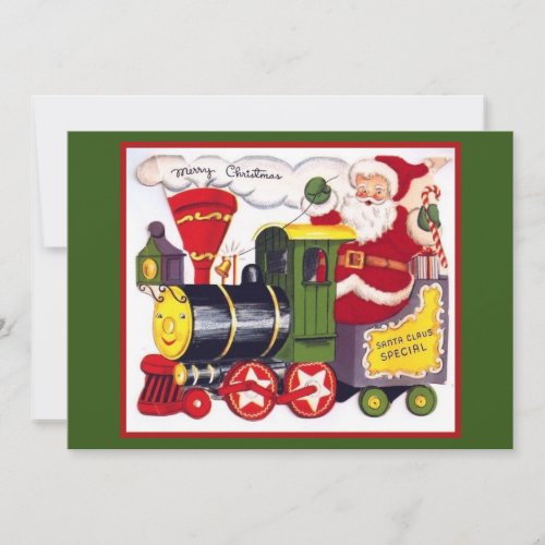 Santa Claus On Vintage Retro Christmas Train Holiday Card
