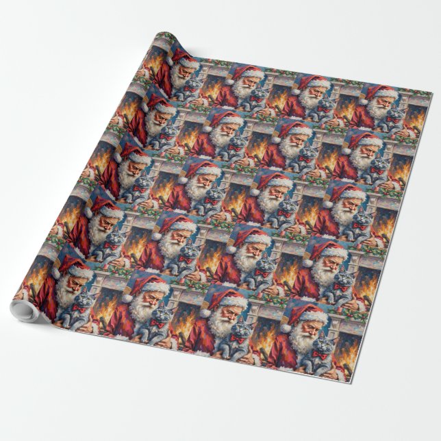 Santa Claus Oriental Blue Cat Christmas Art Wrapping Paper (Unrolled)