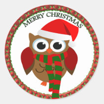 Santa Claus Owl with a red and white scarf and hat Classic Round Sticker
