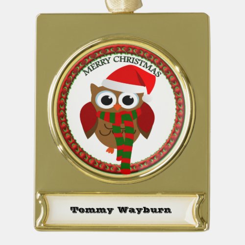 Santa Claus Owl with a red and white scarf and hat Gold Plated Banner Ornament