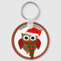 Santa Claus Owl with a red and white scarf and hat Keychain