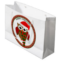 Santa Claus Owl with a red and white scarf and hat Large Gift Bag
