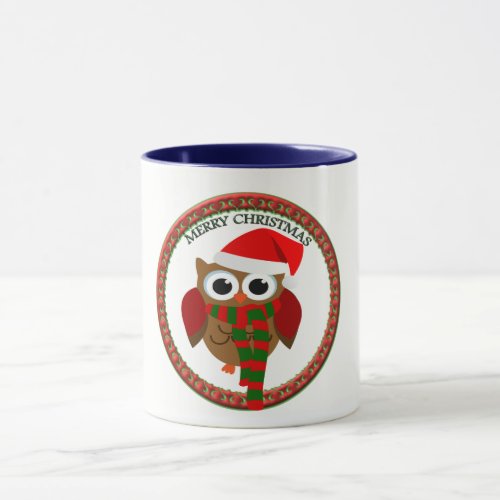 Santa Claus Owl with a red and white scarf and hat Mug