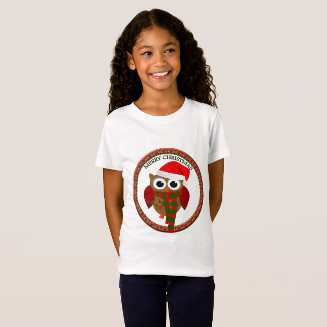 Santa Claus Owl with a red and white scarf and hat T-Shirt (Front Full)