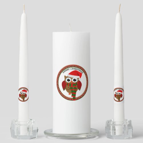 Santa Claus Owl with a red and white scarf and hat Unity Candle Set