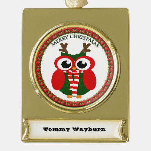 Santa Claus Owl with a red and white scarf Gold Plated Banner Ornament