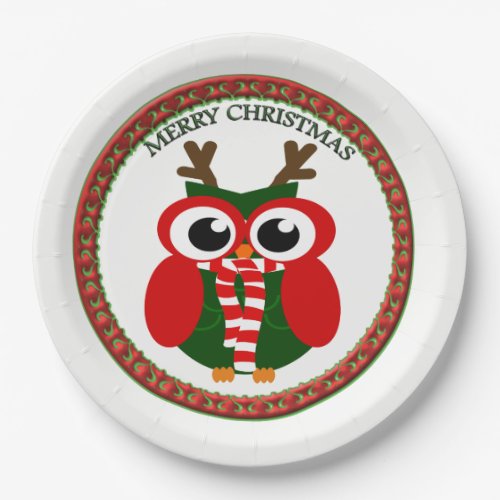 Santa Claus Owl with a red and white scarf Paper Plates