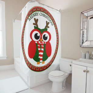 Santa Claus Owl with a red and white scarf Shower Curtain