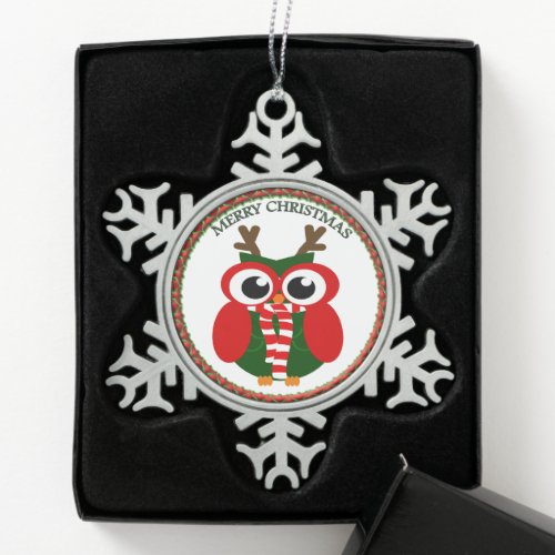 Santa Claus Owl with a red and white scarf Snowflake Pewter Christmas Ornament