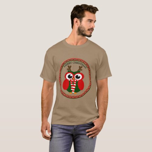 Santa Claus Owl with a red and white scarf T_Shirt