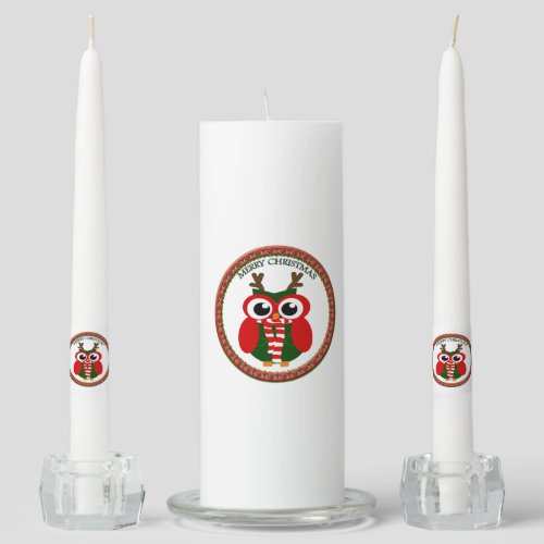 Santa Claus Owl with a red and white scarf Unity Candle Set