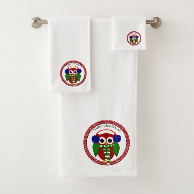 Santa Claus Owl with a scarf and blue ear muffs Bath Towel Set (Insitu)