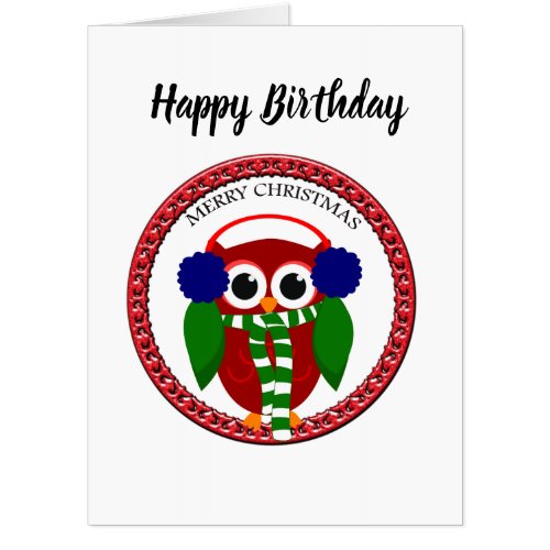 Santa Claus Owl with a scarf and blue ear muffs Card