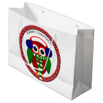 Santa Claus Owl with a scarf and blue ear muffs Large Gift Bag