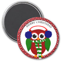 Santa Claus Owl with a scarf and blue ear muffs Magnet