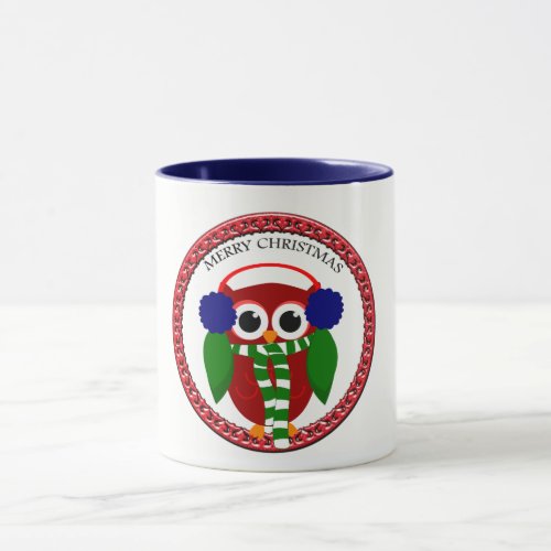 Santa Claus Owl with a scarf and blue ear muffs Mug