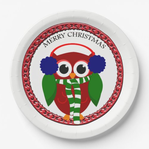 Santa Claus Owl with a scarf and blue ear muffs Paper Plates