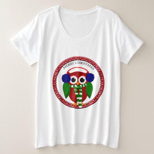 Santa Claus Owl with a scarf and blue ear muffs Plus Size T_Shirt