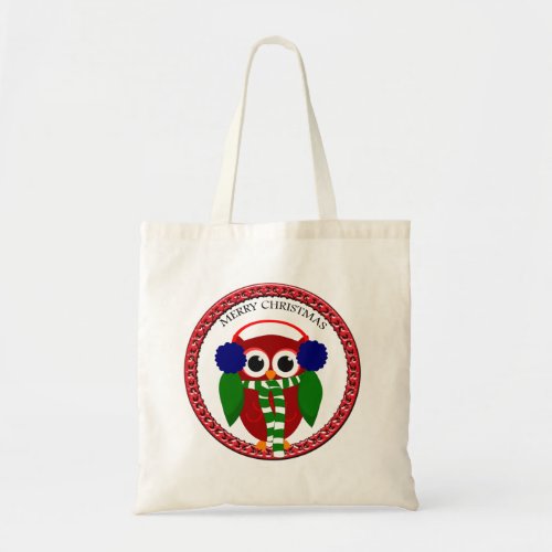 Santa Claus Owl with a scarf and blue ear muffs Tote Bag