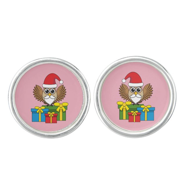Santa Claus Owl with Presents Cufflinks (Front)