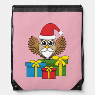 Santa Claus Owl with Presents Drawstring Bag