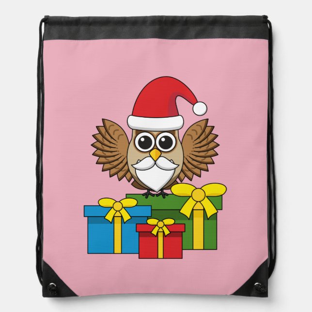 Santa Claus Owl with Presents Drawstring Bag (Front)
