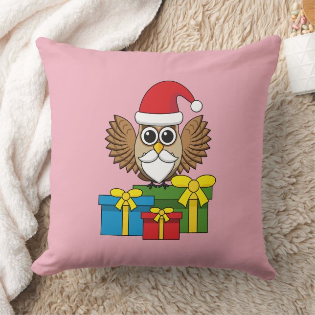 Santa Claus Owl with Presents Throw Pillow (Blanket)