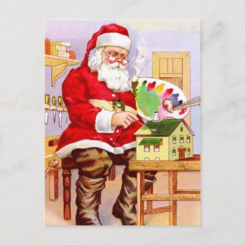 Santa Claus Painting a Doll House Holiday Postcard