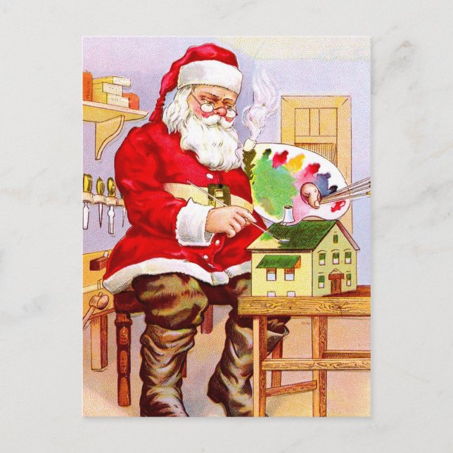 Santa Claus Painting a Doll House Holiday Postcard (Front)