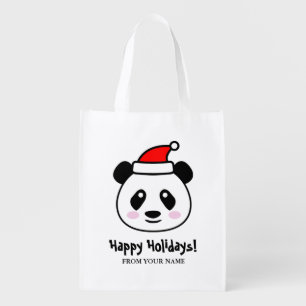 Santa Claus panda bear cartoon Christmas Holiday Grocery Bag