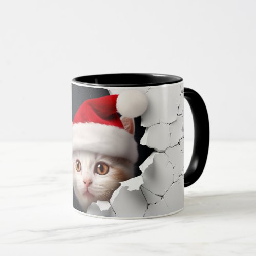 Santa Claus Peeking Cat Cracked Wall Mug