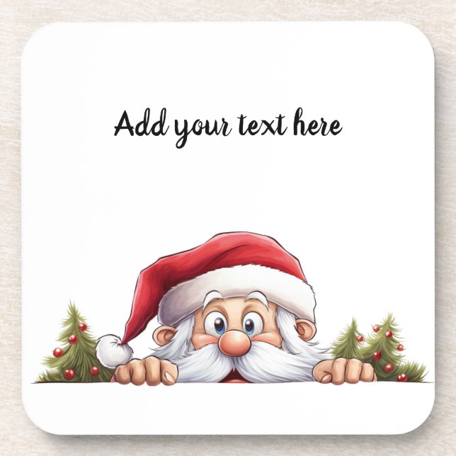 Santa Claus Peeking Christmas Tree Beverage Coaster (Front)
