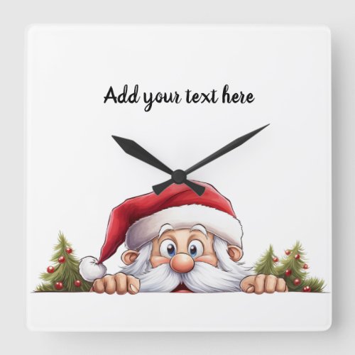 Santa Claus Peeking Christmas Tree Square Wall Clock