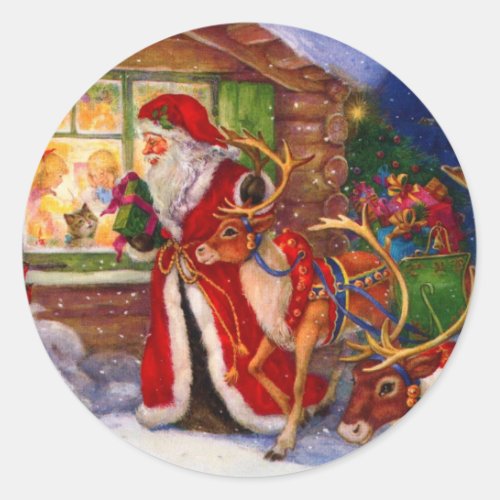 Santa Claus Peeking Through The Window Classic Round Sticker