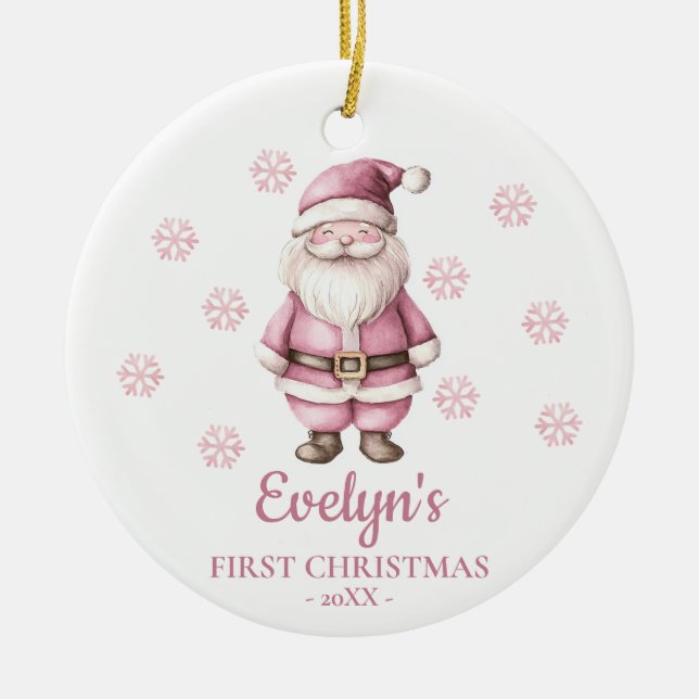 Santa Claus Personalized Girl's First Christmas Ceramic Ornament (Front)