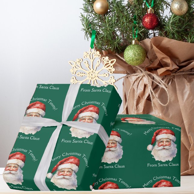 Santa Claus Personalized Green Kids Christmas Wrapping Paper (Creator Uploaded)