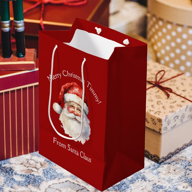 Santa Claus Personalized Red Kids Christmas Medium Gift Bag (Creator Uploaded)