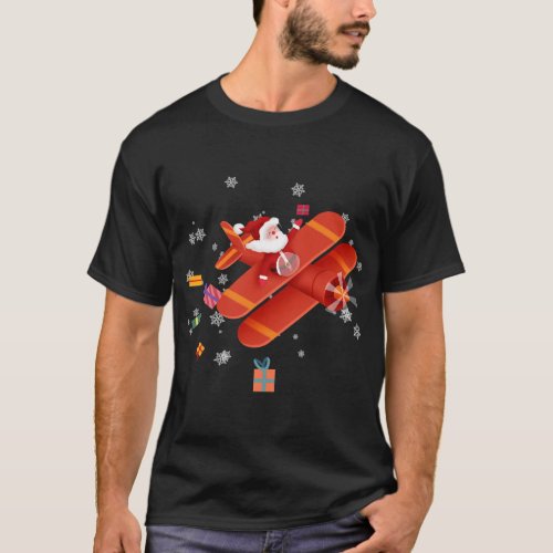 Santa Claus Pilot Flying Airplane Merry Christmas T_Shirt