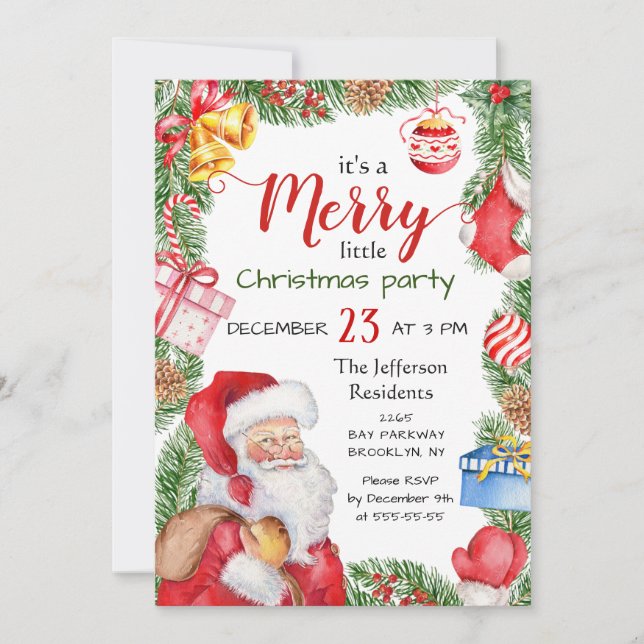 Santa Claus Pine Branch Merry Christmas Party Invitation (Front)